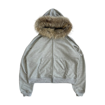 Grey Fur Zip Hoodie